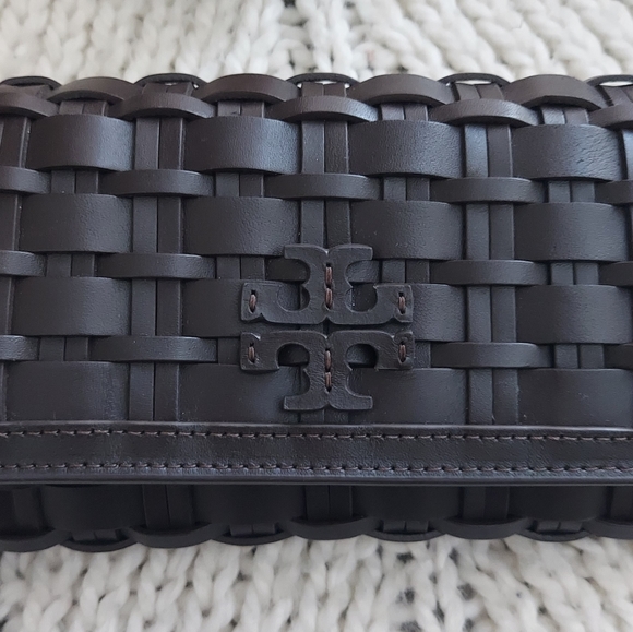 TORY BURCH Britten Woven Flap Wallet Wristlet - Deep Brown - Picture 2 of 11